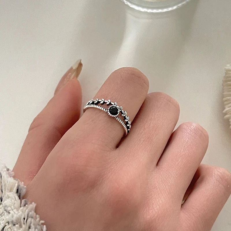 925 Silver Open Finger Ring Black Stone Double Layers Geometric Stackable Leaf For Women Girl Jewelry Gift silver ring silver rings natural stone ring
