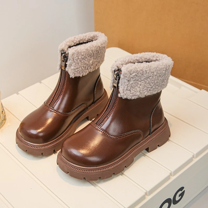 Winter Children Plush Boots Classic Kids Fashion Causal Cotton Boots Thick Bottom Warm Versatile Girls Ankle Boots Front Zipper