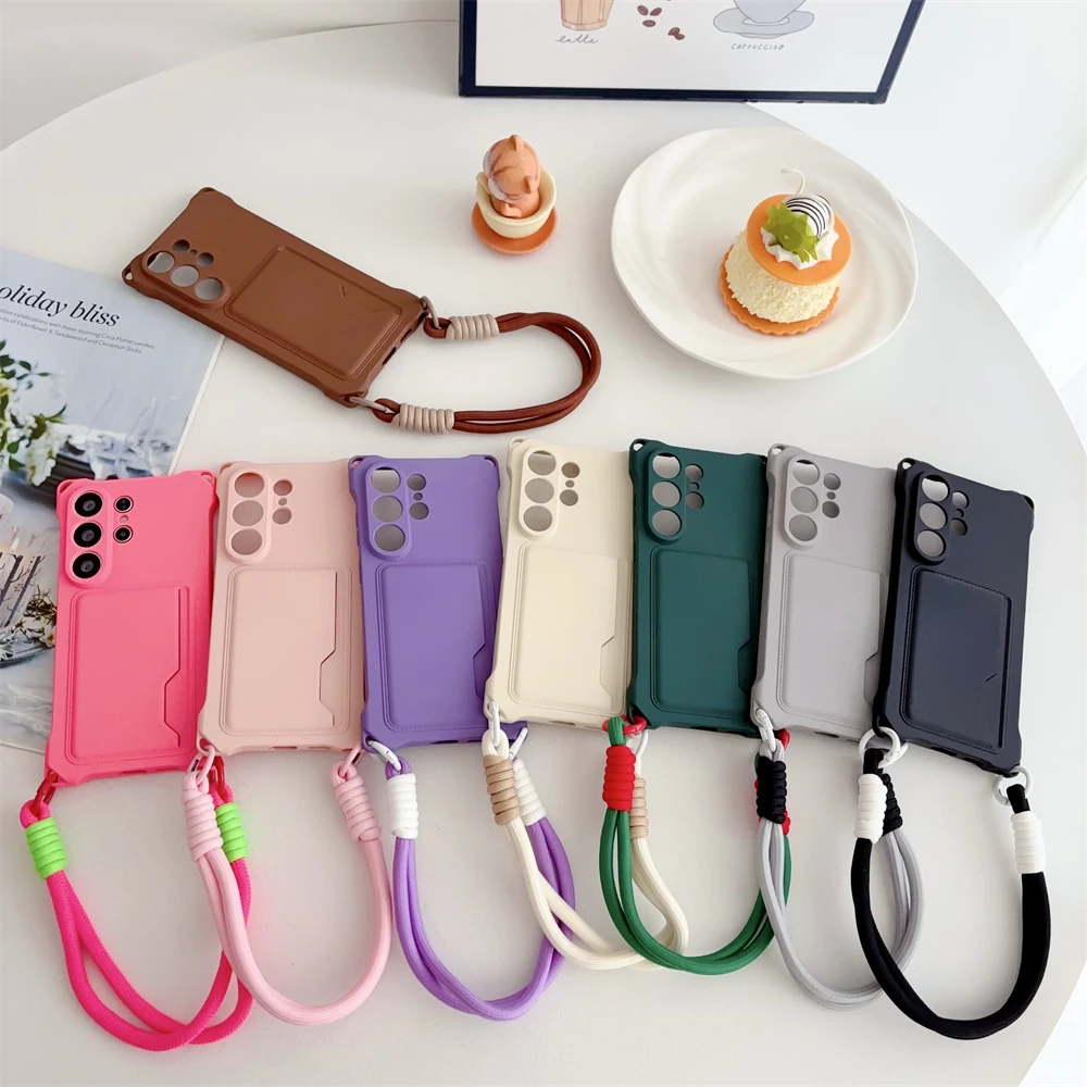 Braided Crossbody Strap Lanyard Phone Case with Card Holder and Silicone Cover
