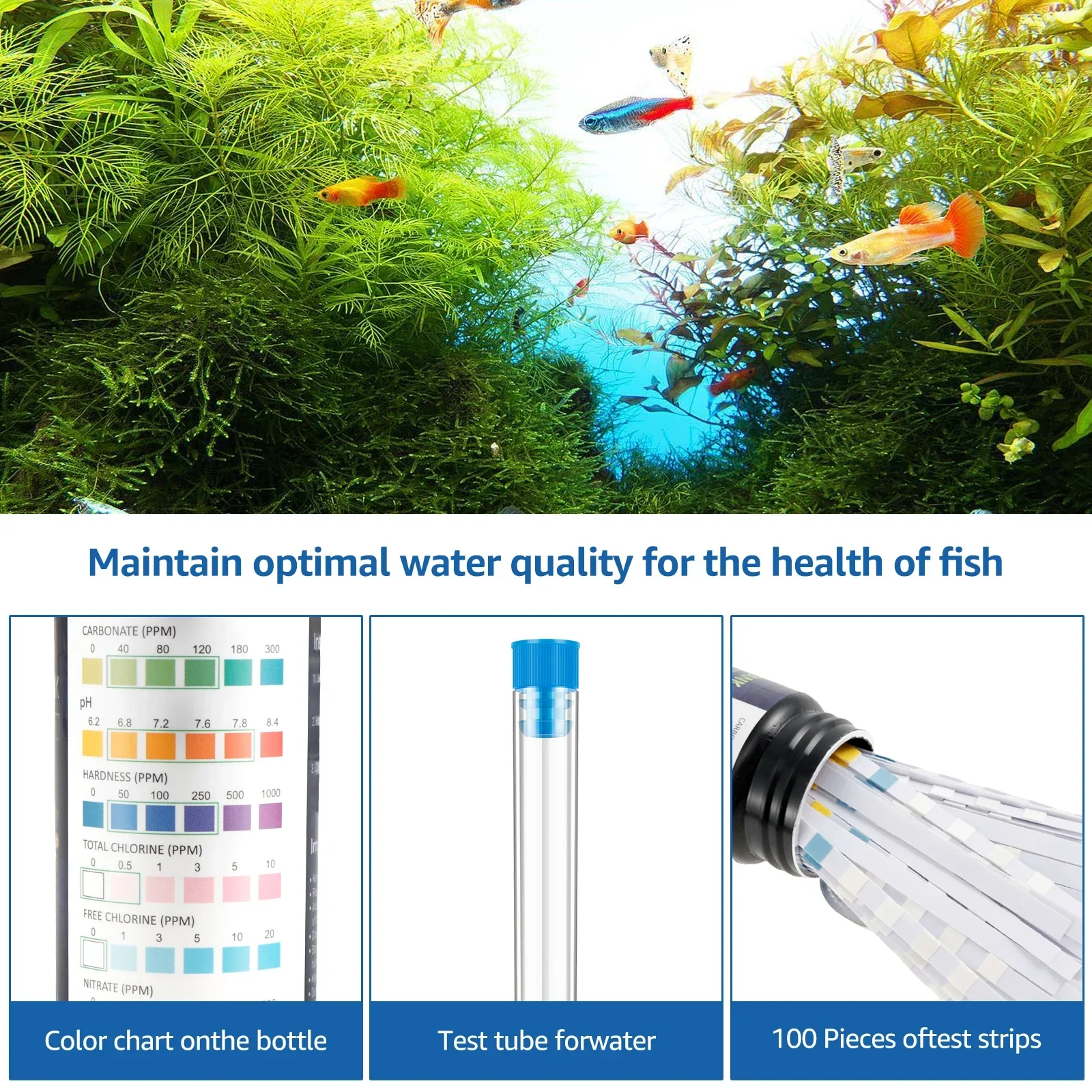 100Pcs Aquarium Test Strips 7-in-1 Fish Tank Test Kit with Tube Fast Accurate Aquarium pH Hardness Water Testing Strips