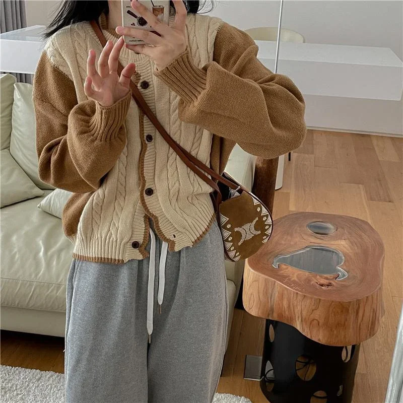 

Streetwear Knitted Cardigan Women Patchwork Cropped Sweater Coat Korean Knitwear Jackets Casual Harajuku Jumpers Outwear