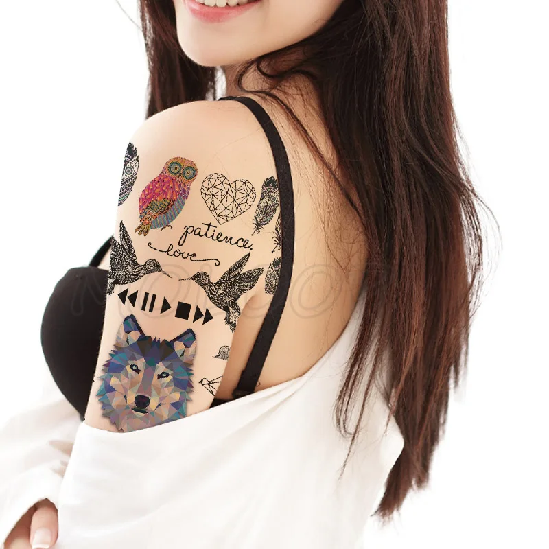 

Tattoo sticker owl wolf feather arrow letter bird compass cactus temporary fake tatto small element tatoo for kid girl man woman