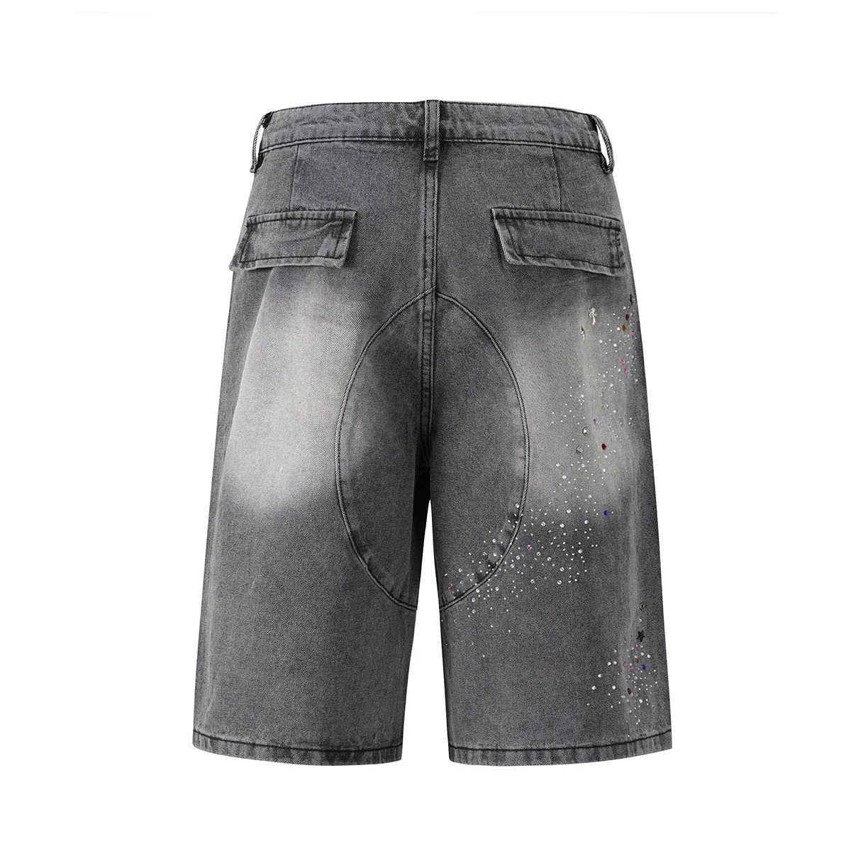 Vintage Color Rhinestone Print Washed Gray Baggy Jeans Shorts for Men Straight Casual Harajuku Loose Denim Trousers Oversized