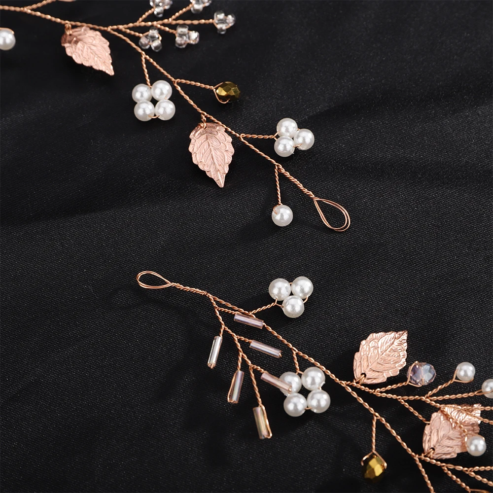 Pearl Crystal Bridal Headband Vine Women Handmade Rose Gold Wedding Hair Accessories Party Leaf Bride Head Jewelry Headpiece