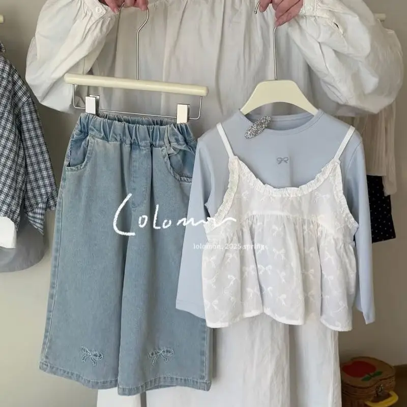 Mädchen Frühlings-Set 2026 Kinder Süßes Trägertop Baumwoll-T-Shirt Bestickte Jeans für Kinder Dreiteiliges Set