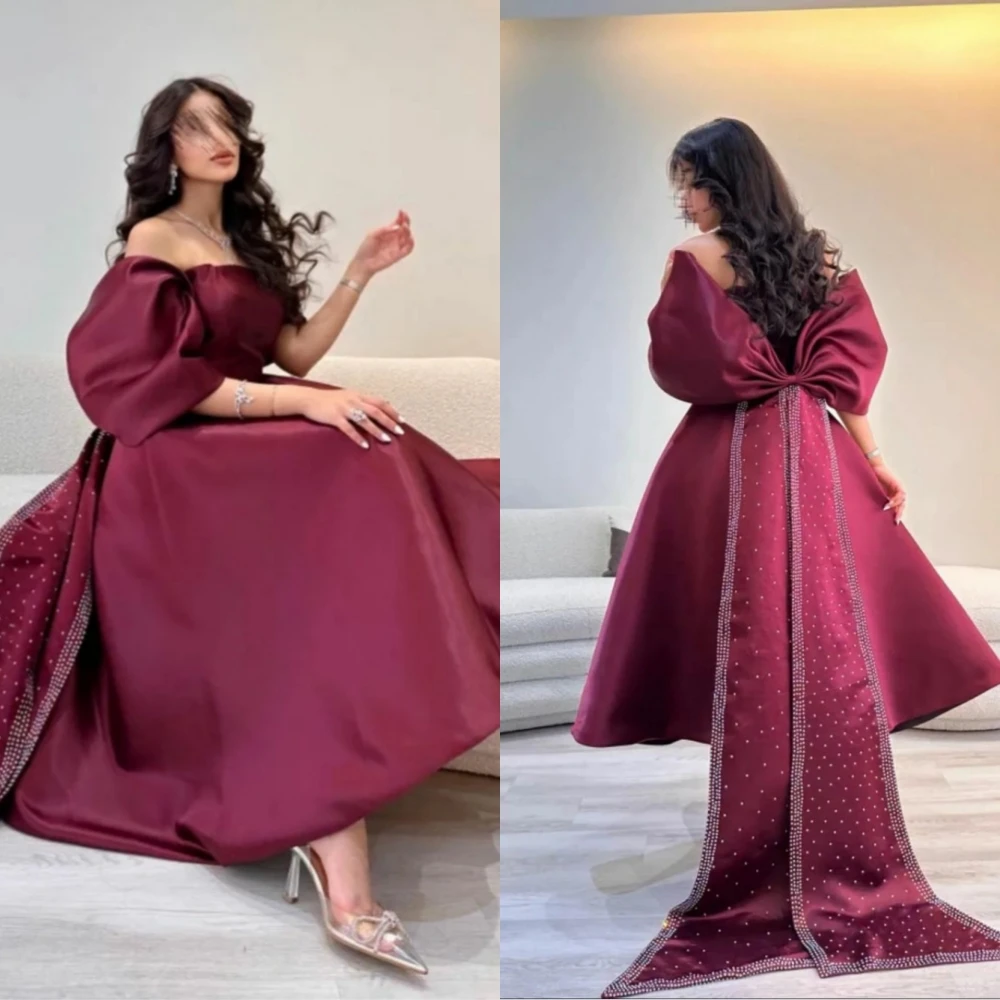 Ball es Exquisite Off-the-shoulder Gown Evening Beading Bows Satin Formal Occasion vestidos de coquetel