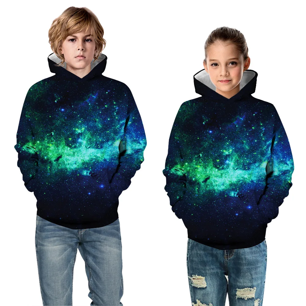 

Qunq Autumn Boys And Girls' Starry Sky Print Long Sleeve Loose Hooded Trend Fashion Casual Sport Casual Kids Clothes Age 5T-14T