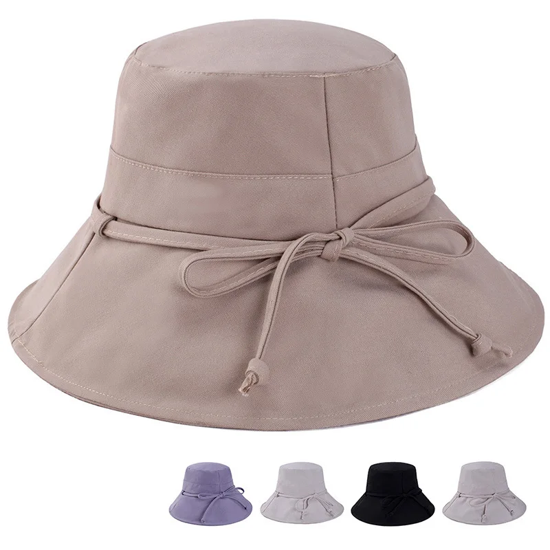 

Summer New Women Bucket Hat Solid Color Bows Soft Cotton Outdoor Sun Hats Beach Panama Caps Wide Brim Fishermen Hats