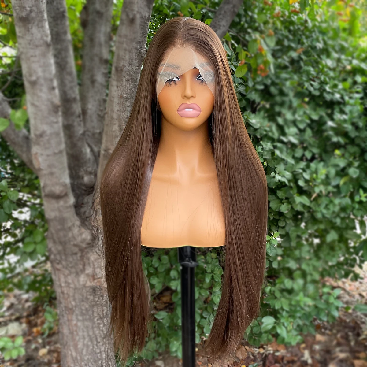 Natural Brown Synthetic Hair Full Lace Wigs for Black Women Heat Resistant 26 Inch Long Straight Full Hand Tied Free Part 150%
