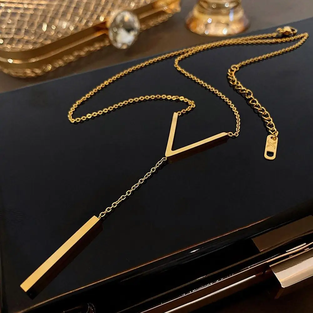 Gold-color Stainless Steel Long Bar Tassel Paragraph Collarbone Minimalist Shaped Holiday Necklace Female Party V Necklace F1X3 5
