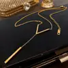 Gold-color Stainless Steel Long Bar Tassel Paragraph Collarbone Minimalist Shaped Holiday Necklace Female Party V Necklace F1X3 5