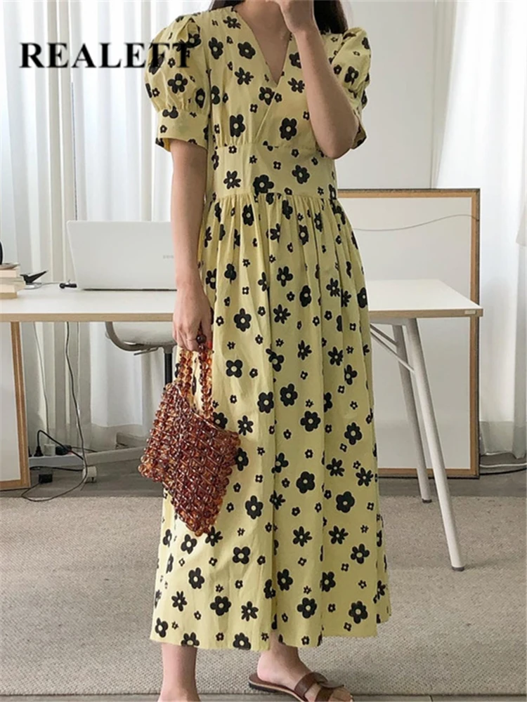 

REALEFT Floral Printing Women's Long Dresses 2022 New Summer Puff Sleeves High Waist Cross V-Neck Casual Straight Dress Female