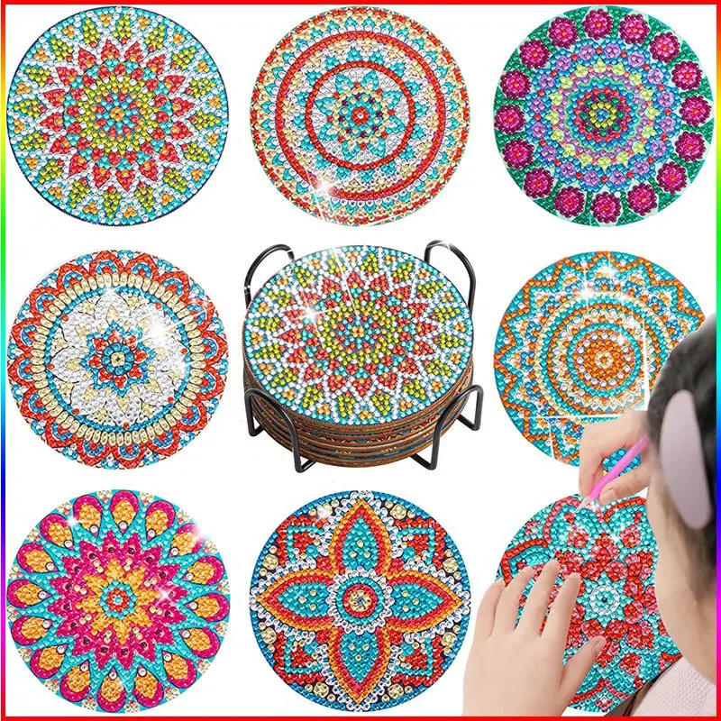 

CHENISTORY 8 Pcs Diamond Painting Coasters With Holder DIY Mandala Flowers Round Diamond Art Coasters Kits For Adults Kid Gift
