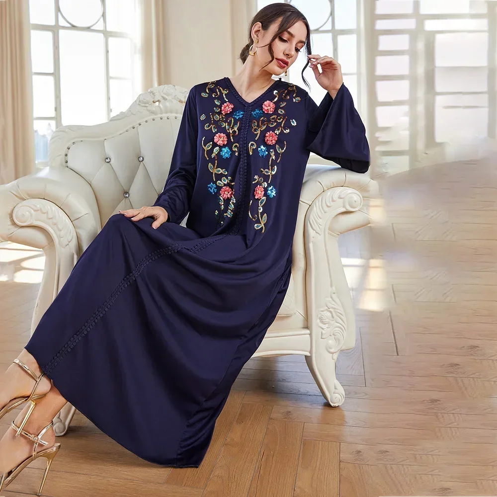 

Women Eid Muslim Abaya Kaftan Islam V Neck Dubai Long Robe Gorgeous Party Dress Embroidery Vestidos Loose Abayas Flowers