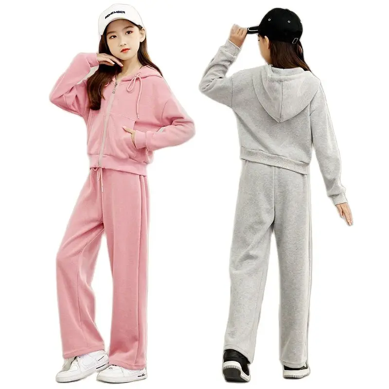 

Girls Autumn Clothes Sets Junior Kids Zipper Hoodie+Pants 2Pcs Outfits Children Solid Color Sport Top Trousers Kids Loungewear