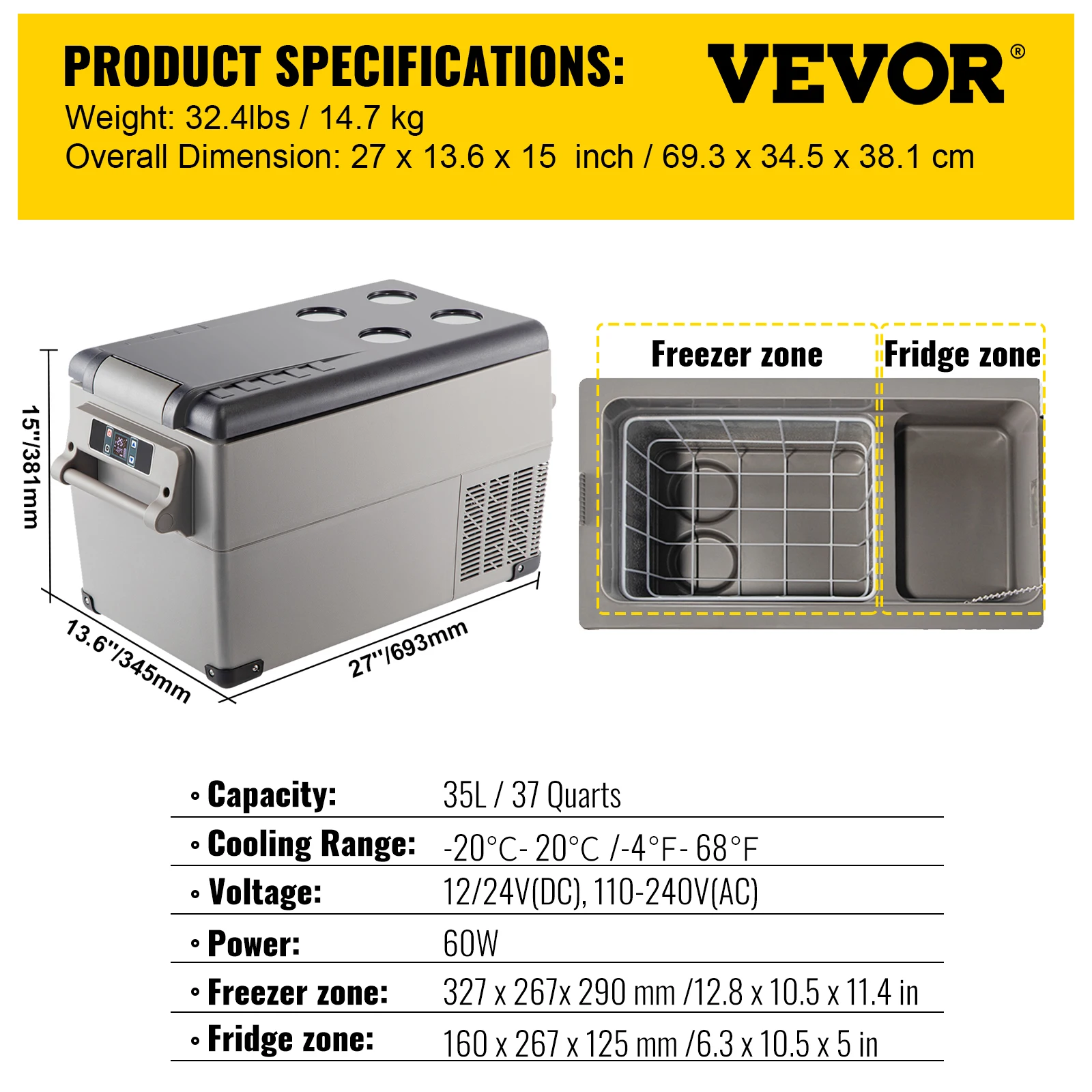 VEVOR Congélateur de voiture portable 36L 12/24V Réfrigérateur de voiture