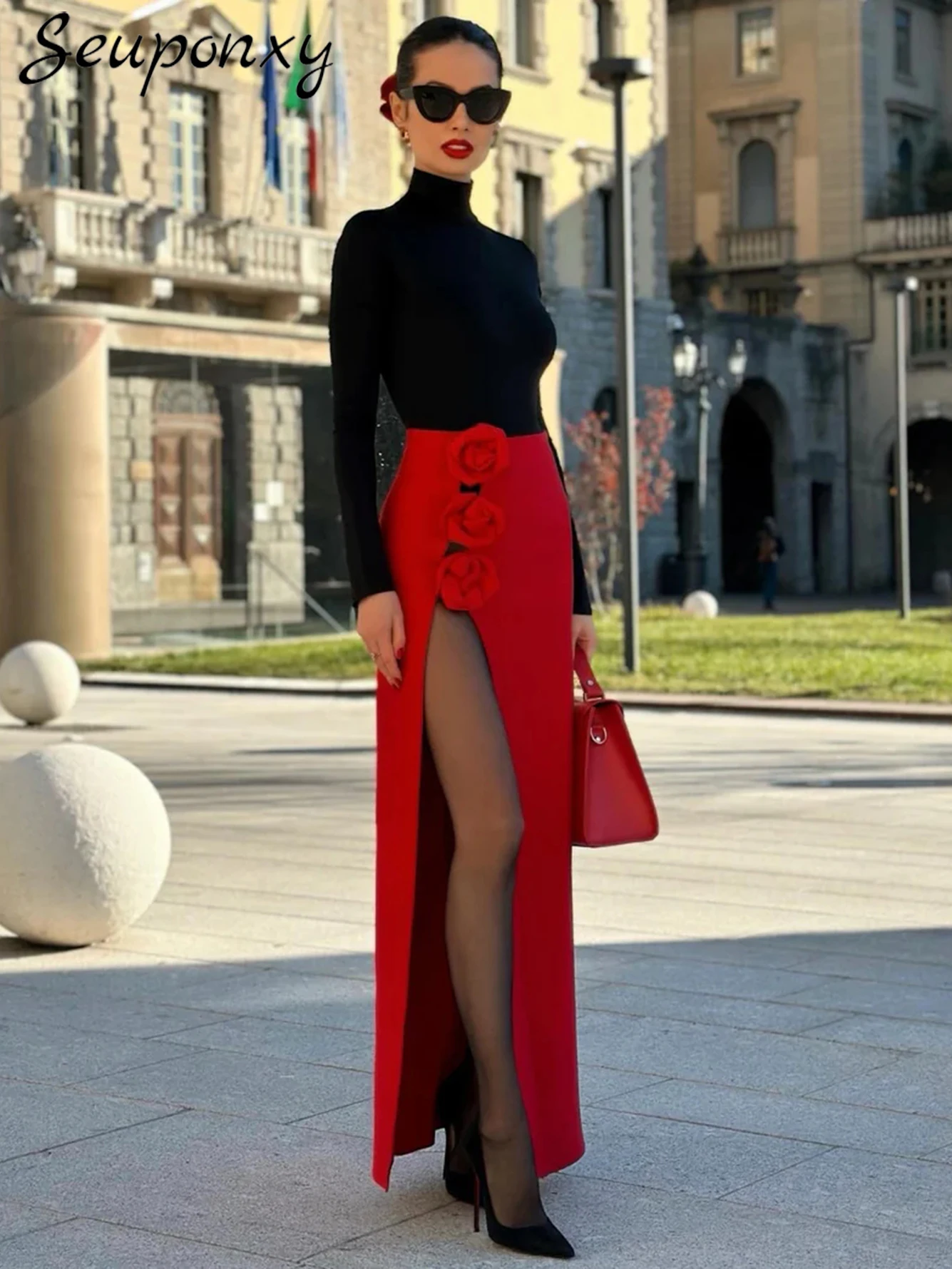 high-quality-women's-red-christmas-party-skirt-sexy-high-waisted-3d-flower-decoration-hollowed-out-high-slit-bandage-long-skirt