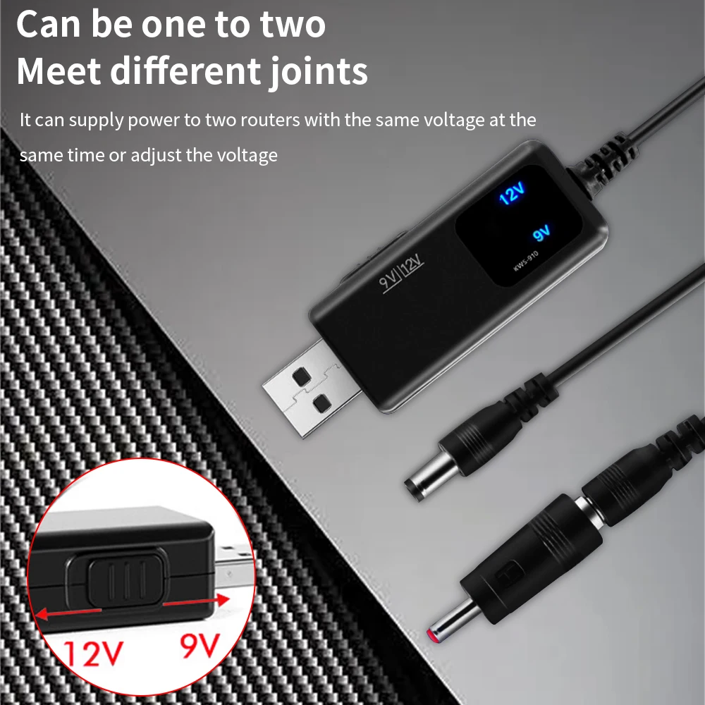 TISHRIC KWS-910 Blue Display Voltage USB to DC 5.5/3. 5mm Router Optical Cat Booster Wire DC 5V to 9V/12V USB Power Boost Cable charging cable usb charging cable