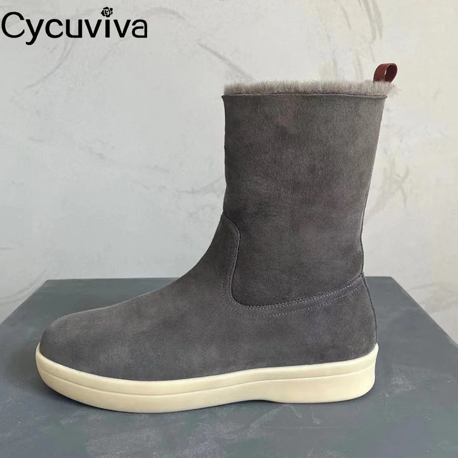 

Thick Sole Fur Mid Calf Boots Women Round Toe Suede Designer Wool Side Zip Boots Women Winter Casual Party Flat Boots For Women