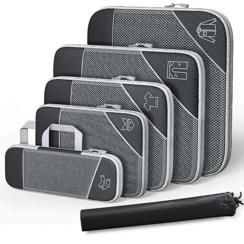

6PCS Compressed Packing Cubes Travel Storage Set Mesh Visual Luggage Organizer with Shoe Bag Portable Lightweight Suitcase Bag