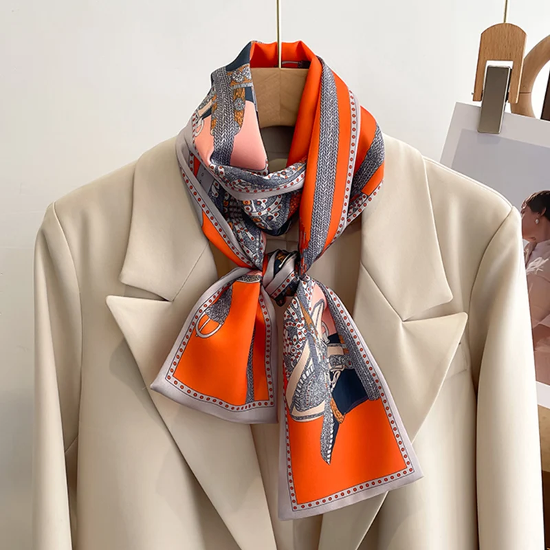 Frauen Seide Gefühl Gedruckt Design Schal Schal Mode Luxus Lange Schmale Kleine Seide Schals Damen Stirnband Kopftuch taschen wickeln – Detail 5