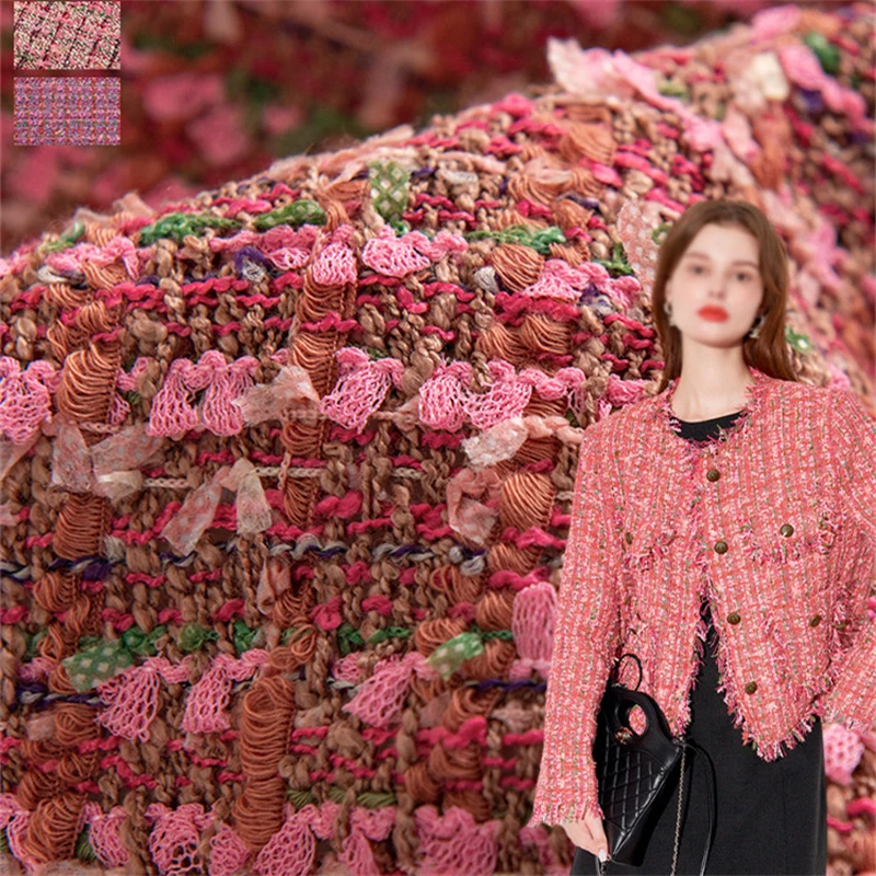 Retro Raspberry Pink Small Fragrant Style Striped Tweed Fabric for Clothes DIY Fabric Patchwork Sewing Accessories