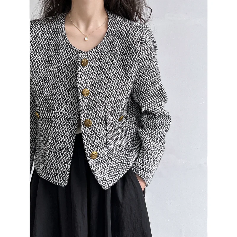 Women Casual Basic Chic Tweed Small Fragrance Coat Autumn New Long-sleeved Round Neck Simple Korea Short Lady Woven Jacket 1687