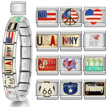 1pc Y2K Italian Charm Bracelet Stainless Steel DIY Making Elastic Link Chain LA New York Flag USA Exclusive Jewelry Accessories 1