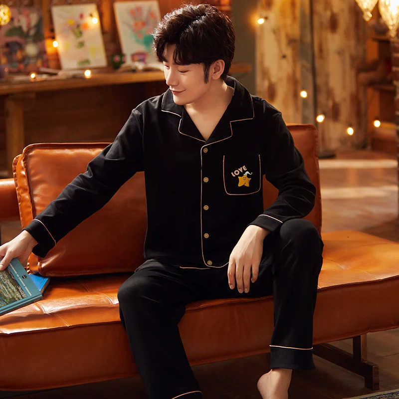 Pajamas Men's Knitted Cotton Long Sleeved Lapel Cardigan Plus Size Student Leisure Home Clothes Two-piece Set Can Be Worn Out