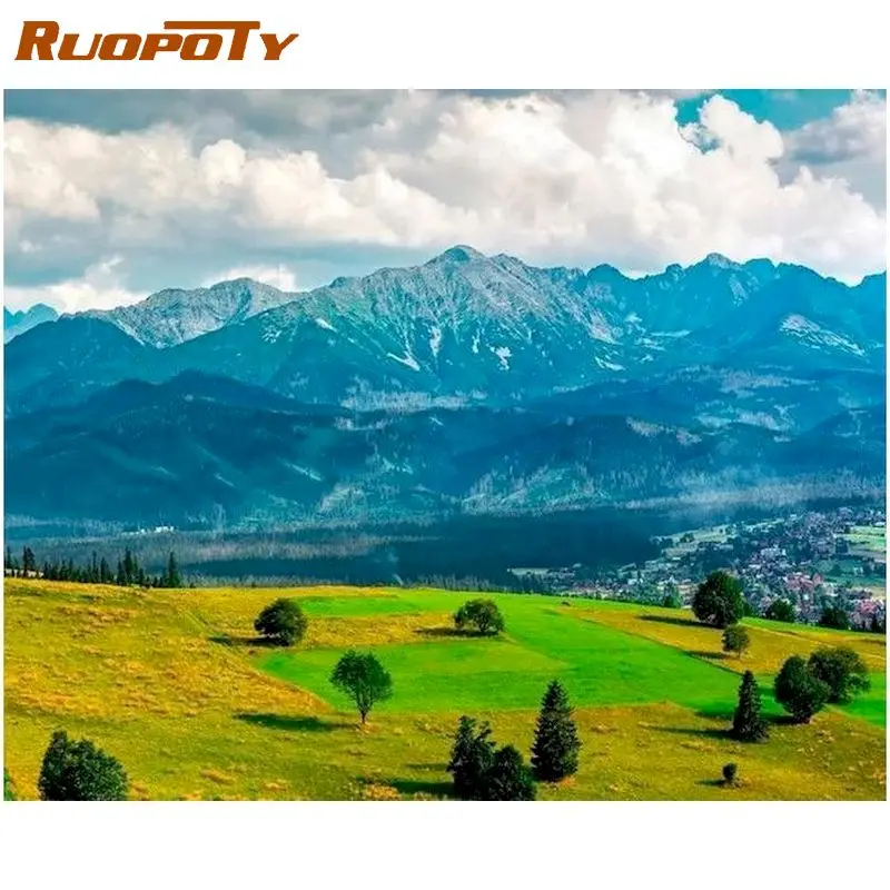 

RUOPOTY 60x75cm Frame White Cloud Mountain Landscape Oil Picture By Number Handmade Unique Gift For Kids Home Wall Decors