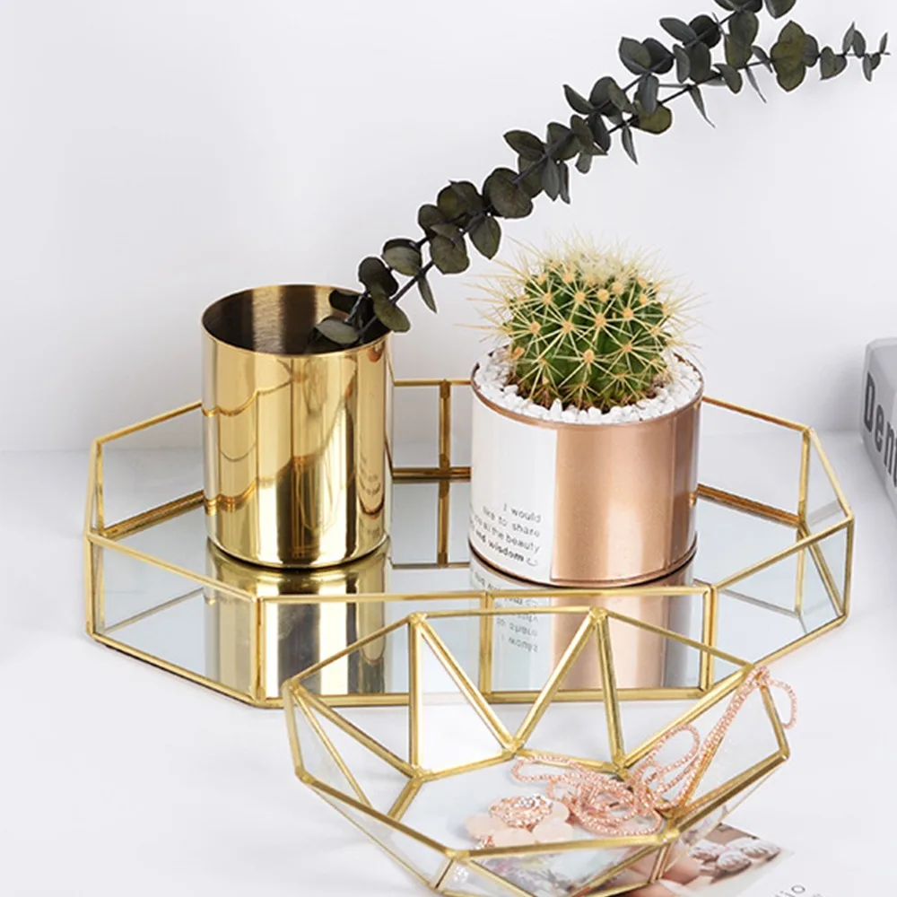 Polygonal Gold Mirror Tray,Beautiful and Elegant Glass Decorative Tray Multi-purpose Durable Vanity Tray Makeup Tray 4