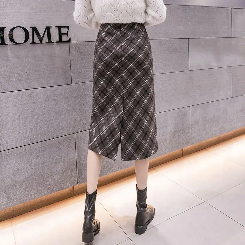 Autumn and Winter Women\'s Style Woolen Woolen Fabric High Waist Plaid Bag Hip Midi Slim Elegant Vintage Formal Fashion Skirt