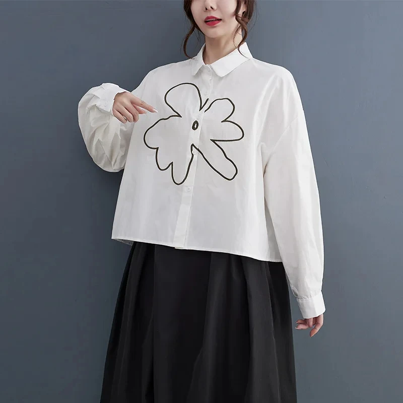 

Блузка женская оверсайз с цветочной вышивкой, Повседневная рубашка в Корейском стиле, уличная мода, свободная одежда на весну и осень