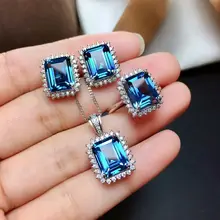 

MeiBaPJ Natural London Blue Topaz Gemstone Rectangle Jewelry Set 925 Pure Silver 3 Pieces Suit Wedding Jewelry for Women