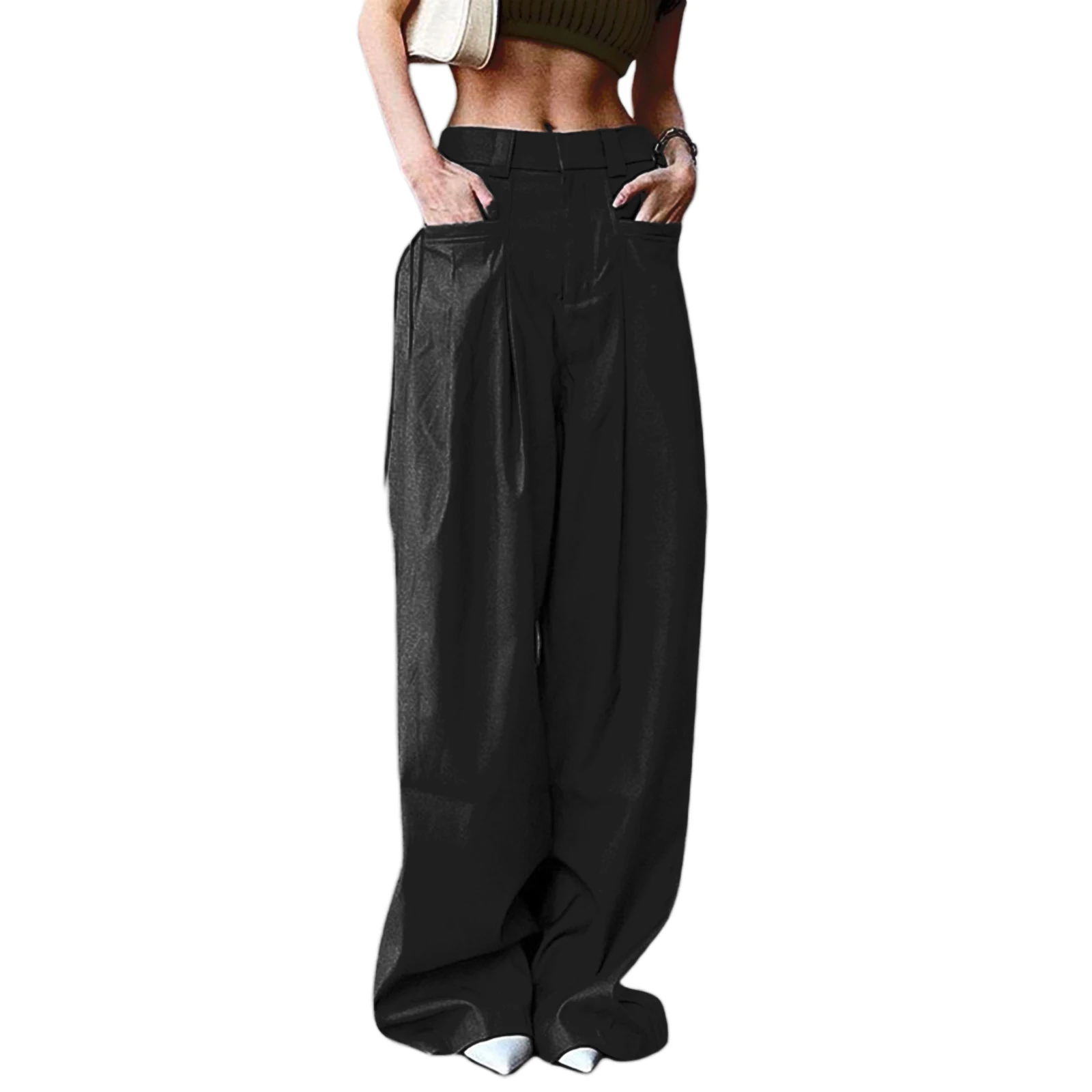 

Women Trousers Wide-Leg Solid Color Loose Fit Straight Casual Pants with Pocket Streetwear