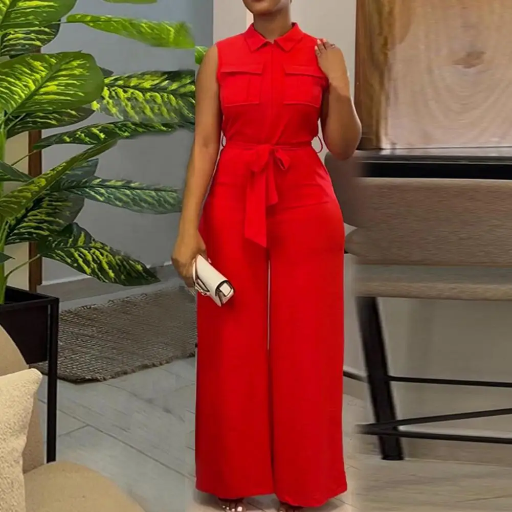 Solid Color Lace-up Jumpsuit Elegant Wide Leg Jumpsuit with Front Zipper Closure Belted High Waist Formal Business for Women