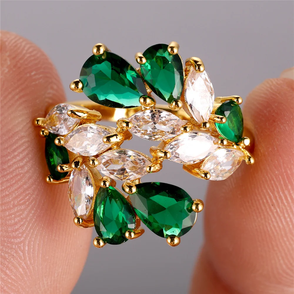 Luxury Female White Green Zircon Stone Water Drop Finger Ring Vintage Gold Color Wedding Band Bridal Jewelry For Women