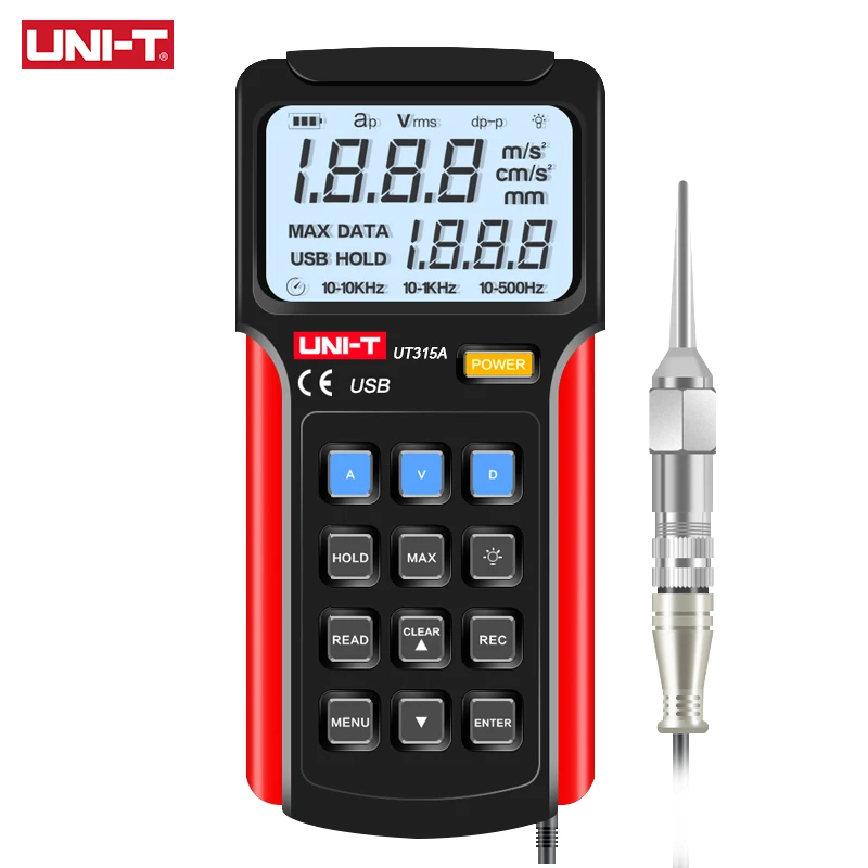 

UNI-T Handheld Digital Vibration Tester Acceleration Velocity Displacement Measurement Meter USB Connected PC Soft UT315A