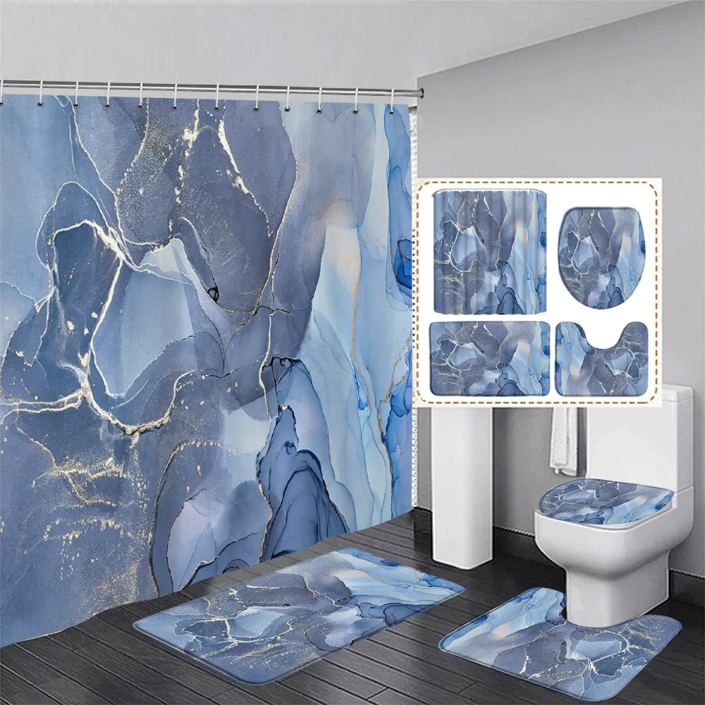 Abstract Blue Marble Shower Curtain Set Gold Line Ink Texture Art Modern Luxury Home Bathroom Decor Bath Mats Toilet Lid Cover