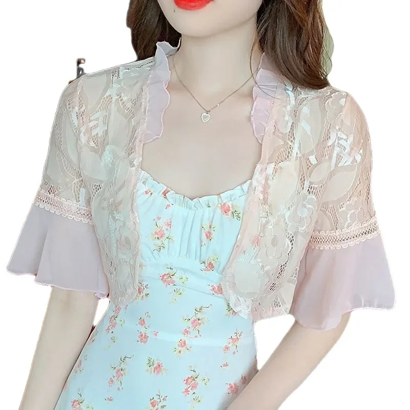 다용도 플레어 슬리브 레이스 숄 여름 얇은 가디건 재킷 여성용 아우터웨어 숄더 베스트 자외선 차단 의류