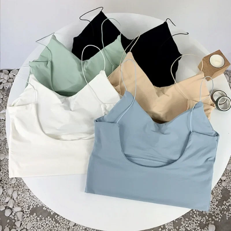 

Summer Bra Ice Silk Crop Tops Sports Spaghetti Strap Vest Top Women Sexy Built In Bra Off Shoulder Sleeveless Camisole Underwear