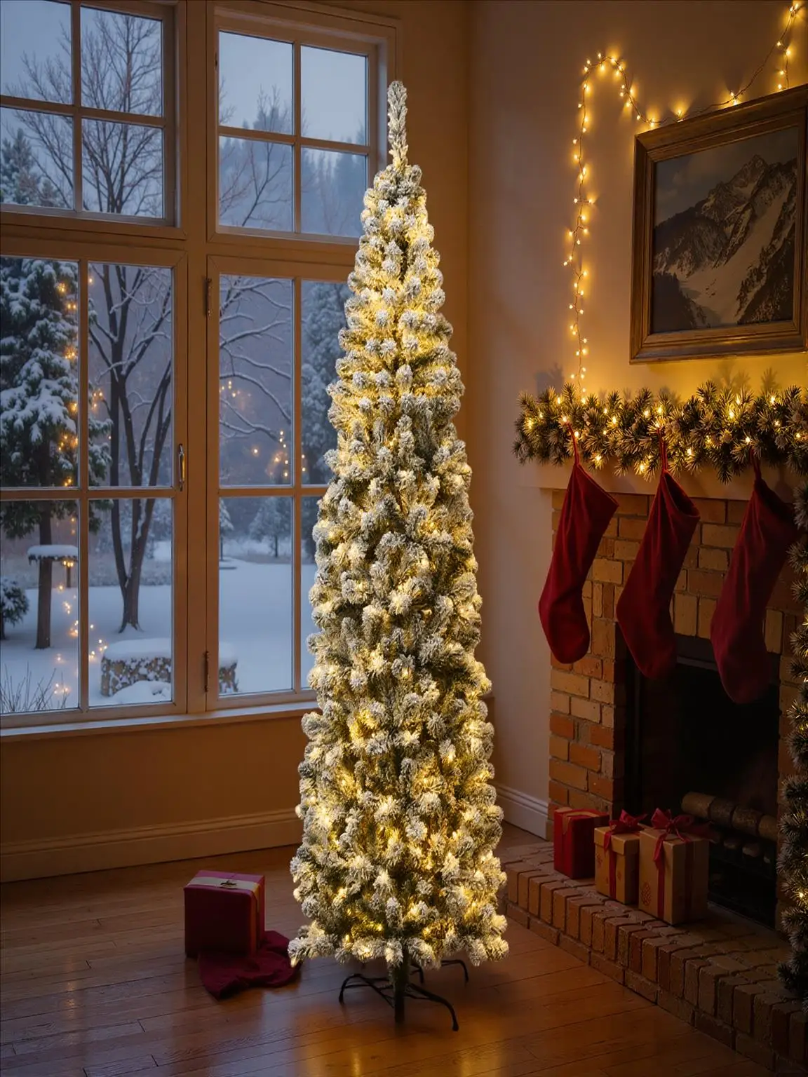 225 cm großer Bleistift-Weihnachtsbaum mit Schnee, künstlicher Weihnachtsbaum mit Metallständer, Weihnachtsbaum-PVC-Nadeln – Detail 1