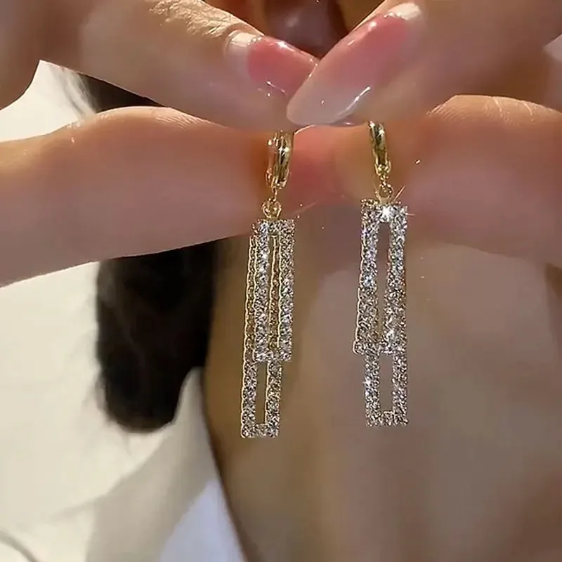 Rectangular Ear Buckle Hoop Earrings Vintage Geometry Square Set Zircon Golden Tassel Earrings Fashion Accessories Jewelry Gifts