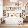 Queen Storage Bed with Bookcase Headboard, with 4 Storage Drawers, Solid Wood Queen Bed Frame with Cabinet and Shelf(White) 1