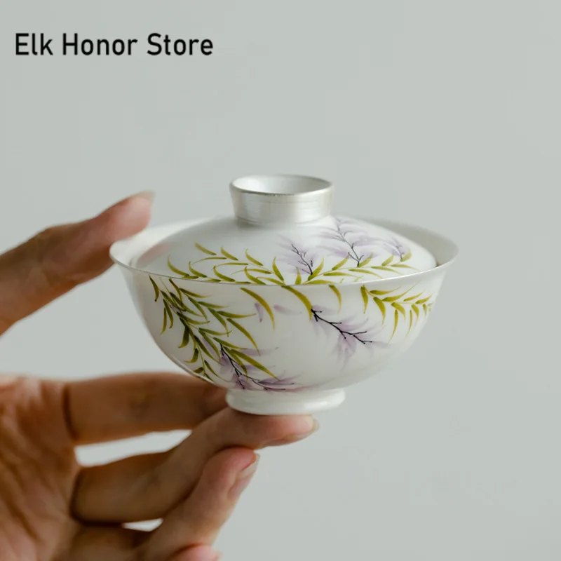 88ml Pure Hand-painted Wisteria Flower Ceramic Gaiwan Japanese Gilt Silver Tea Tureen Household Tea Brewing Cover Bowl Teaset