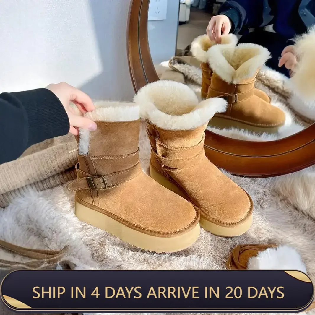 Tailor-made Suits for Women-Low-cut Leather and Sheepskin Winter Boots with Buckles and Fur