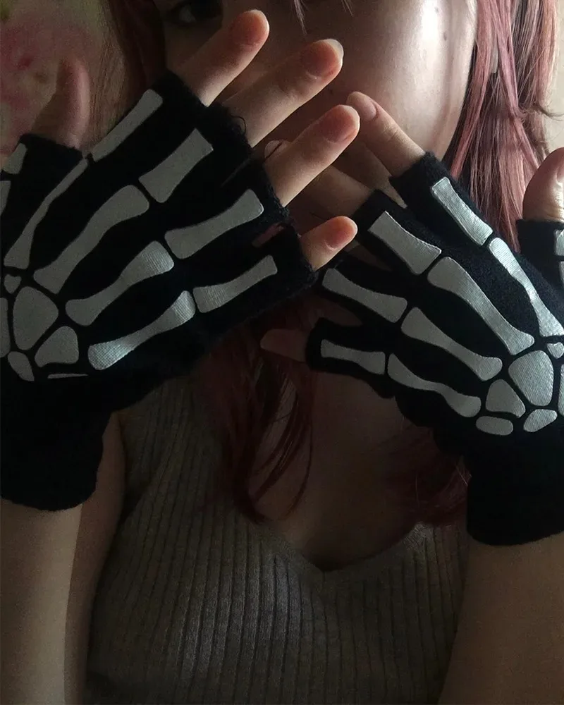 Glow in the Dark Skeleton Skull Fingerless Gloves - Unisex Halloween Mittens