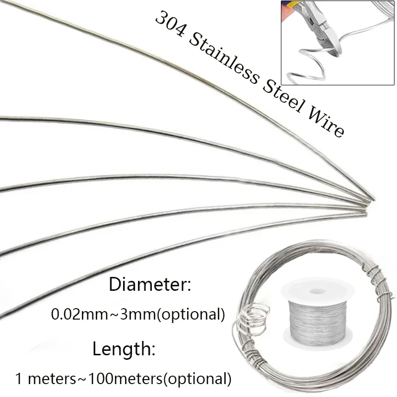 1 pz 304 filo di acciaio inox diametro 0.02 ~ 3mm lunghezza filo duro pieno 1 metro/5 metri/10 metri/50 metri/100 metri filo di acciaio per molle