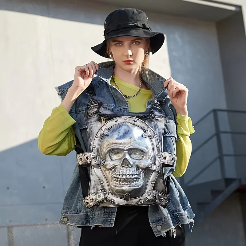 

Gothic 3D Skull Shoulder Bag Cool Halloween Sports Style Bag Black Shoulder Strap Shoulder Bag Buckle High-capacity Convenient
