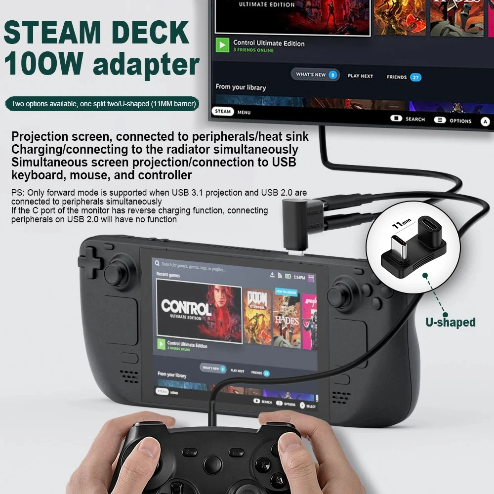 USB C Adapter 90 Degree 3.2 Type C 10Gbps 1 to 2 Extender Right Angle PD 100W Fast Charging Adapter ForSteam Deck Laptop Tablet power adapter,dip adapter converter,type c charging dock connectors
